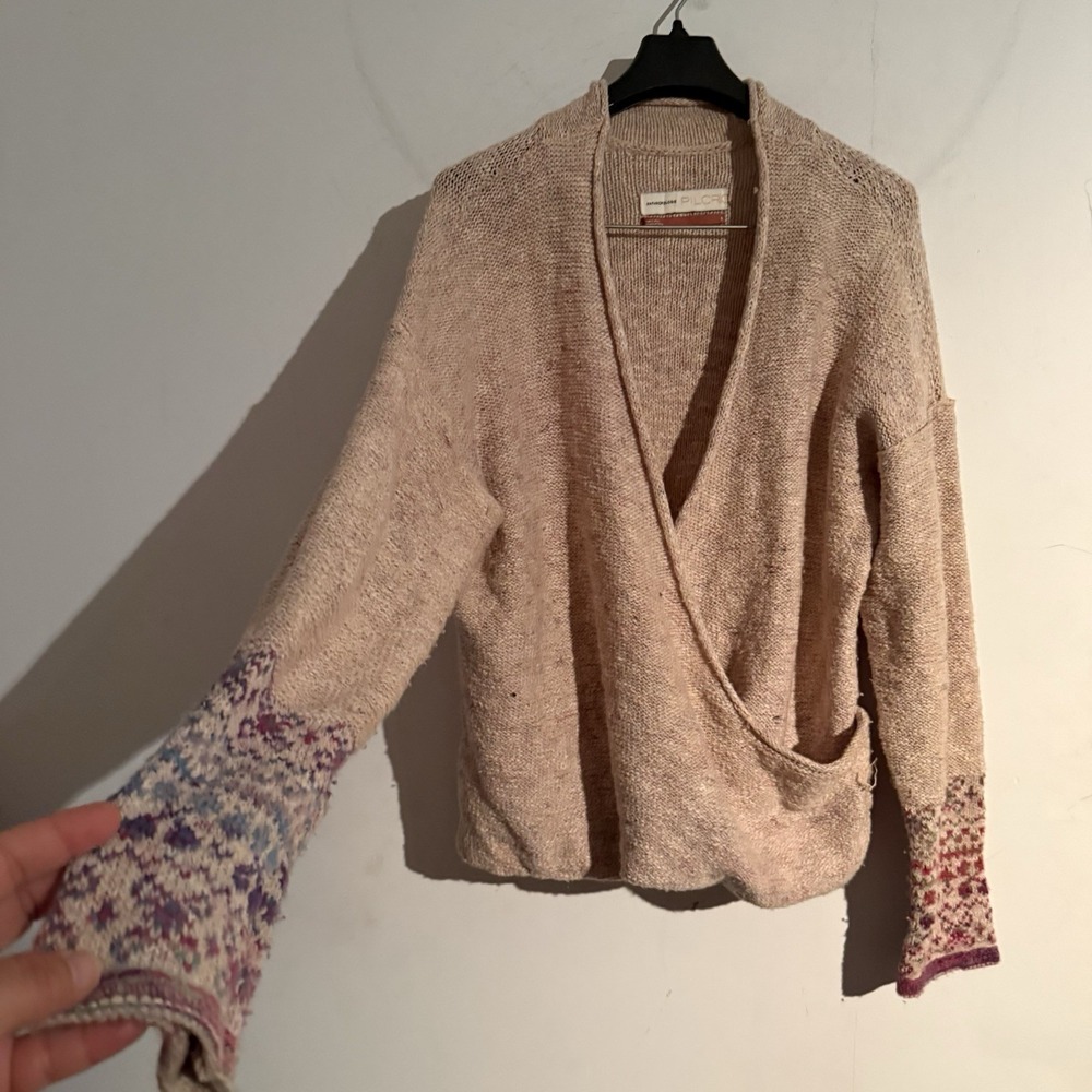 Anthropologie Pilcro Drew Surplice Sweater Fair Isle Cuff Sleeve Detail Small